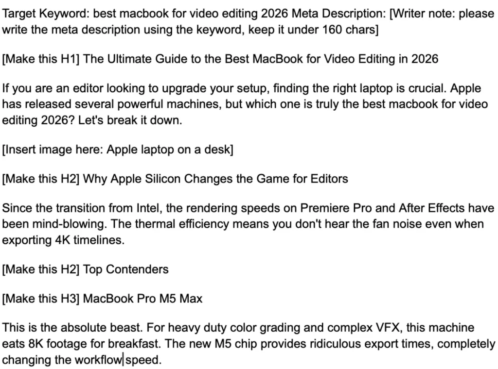 Raw content draft in Google Docs before WordPress SEO formatting