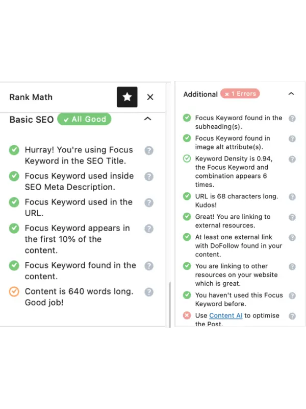 RankMath SEO optimization dashboard showing green score and proper on-page formatting checklist executed by a WordPress Uploader