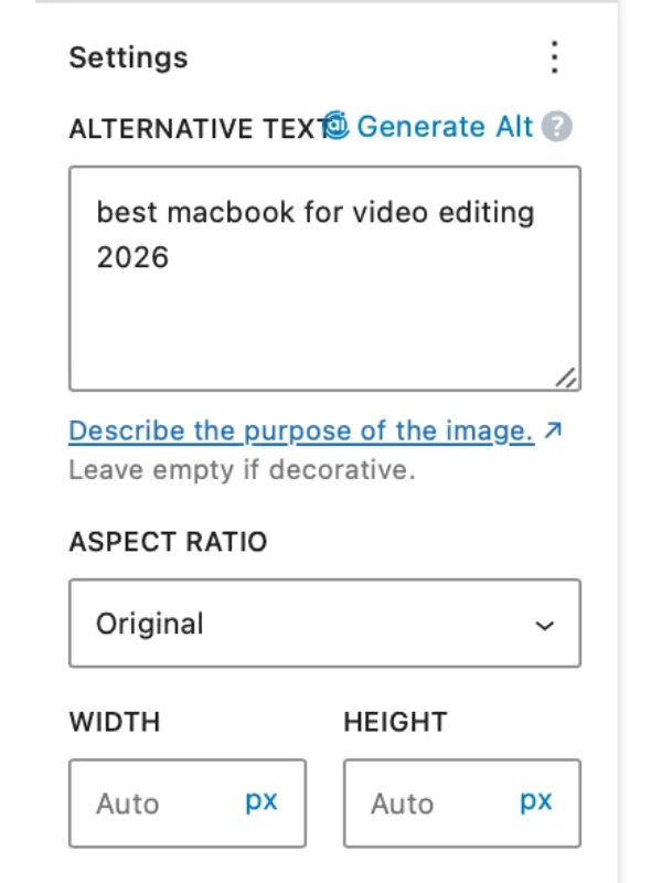 WordPress Gutenberg editor dashboard showing alternative text optimization for image media executed by an SEO Virtual Assistant