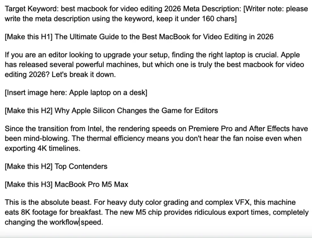 Raw content draft in Google Docs before WordPress SEO formatting